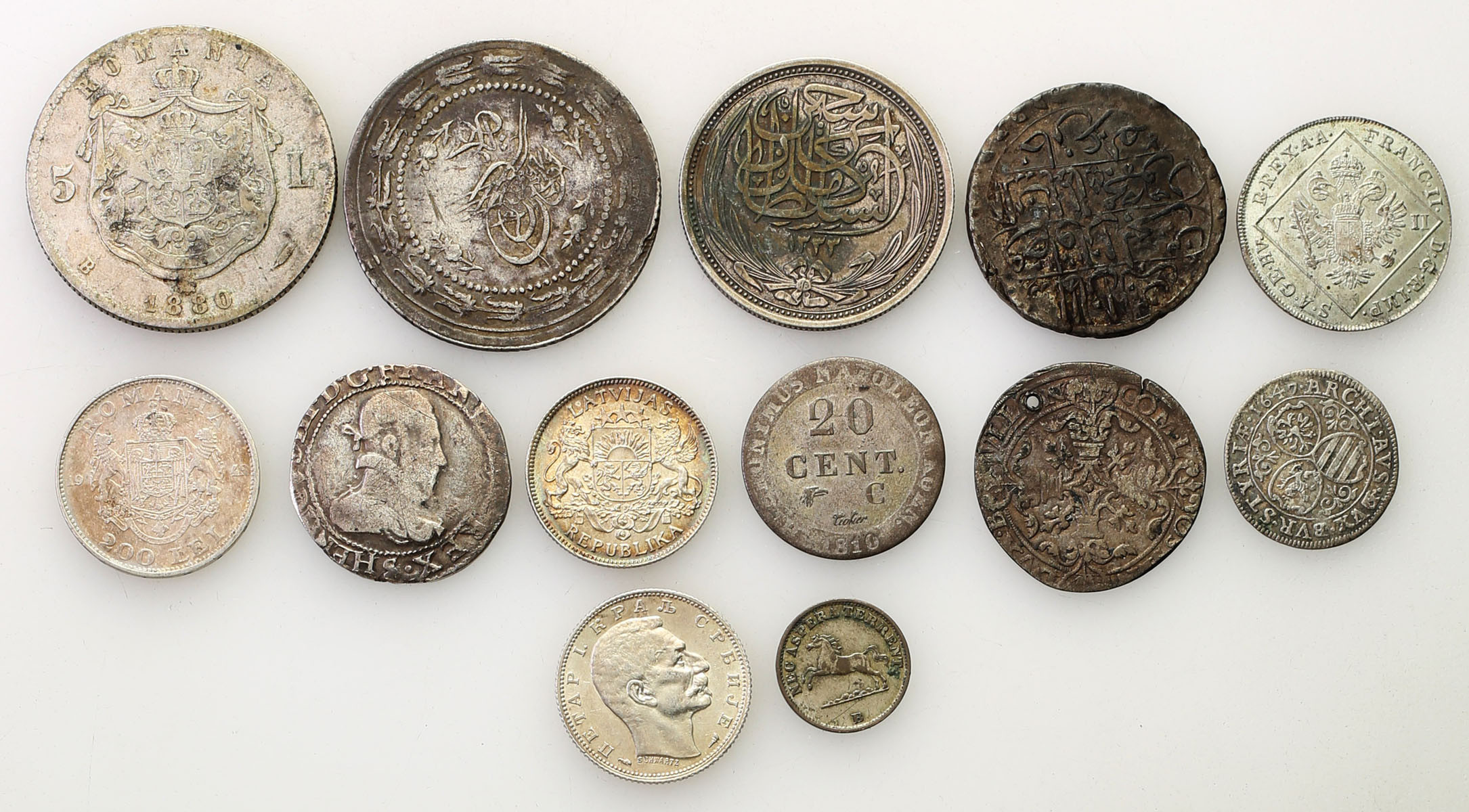 Świat – Austria, Niemcy, Rumunia, Francja, Łotwa, Egipt, zestaw 13 monet - SREBRO